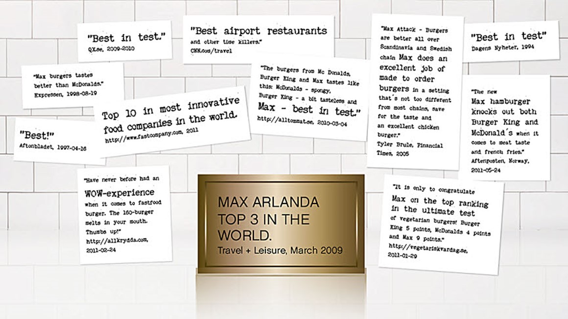 Collage of quotations from papers and tests that tested the MAX burgers.